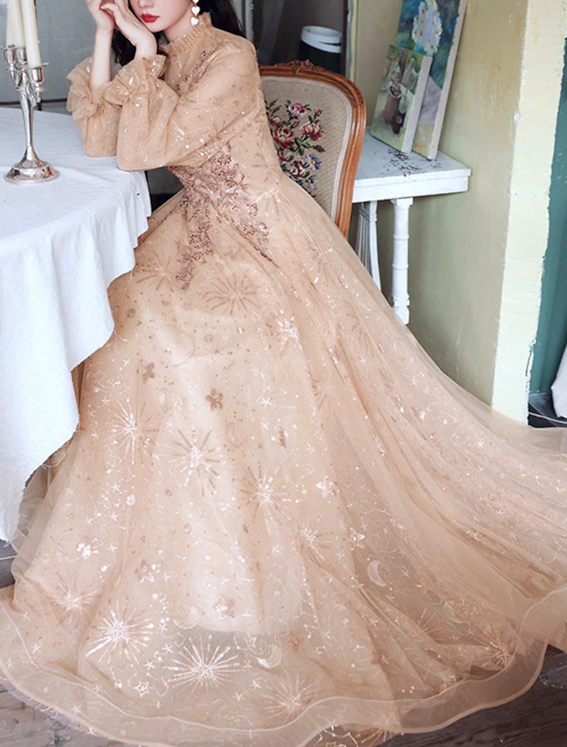 Vestido de noche formal de compromiso elegante con corte A brillante, cuello alto, manga larga, largo hasta el suelo, de tul con lentejuelas