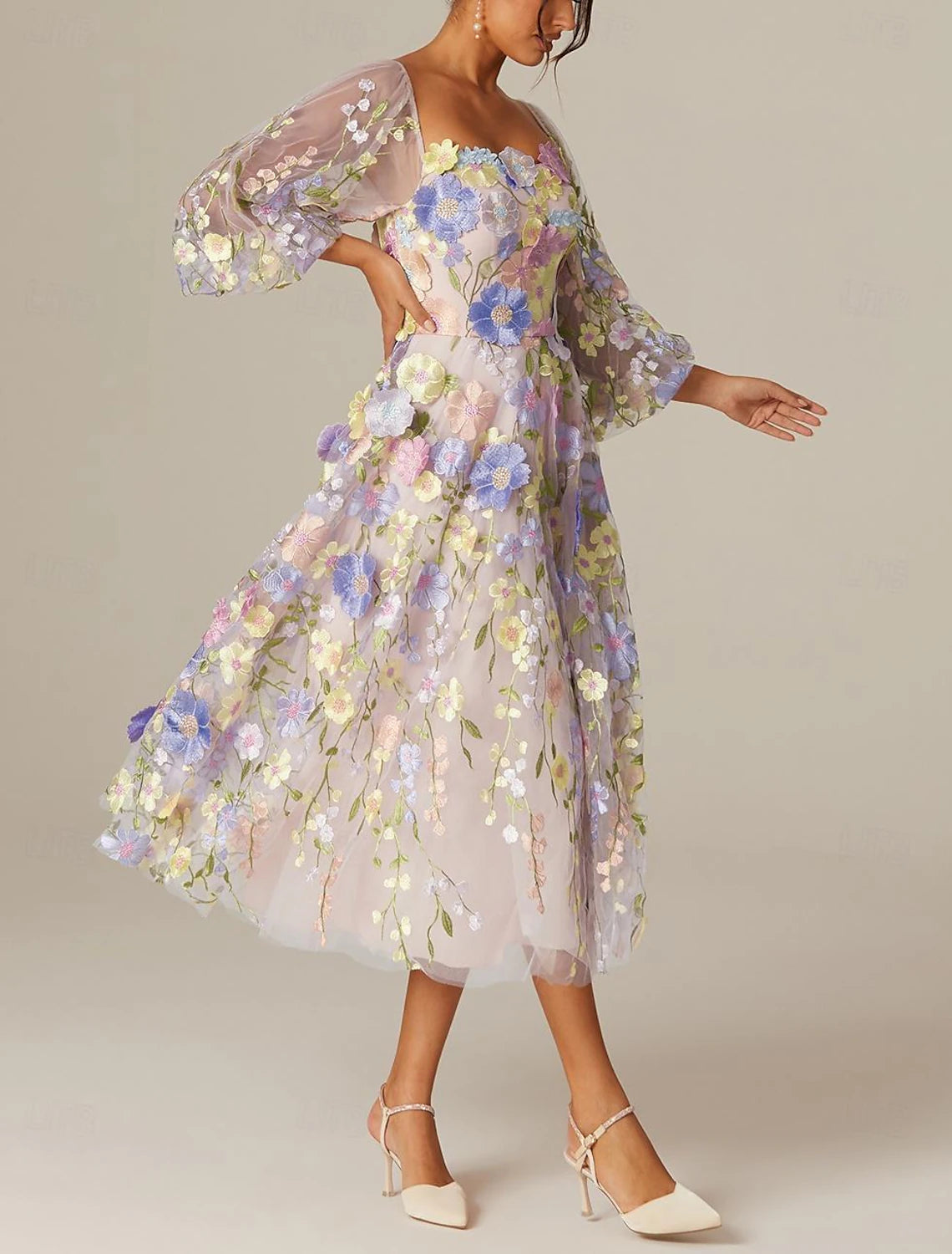 Vestidos de fiesta de corte A, vestido vintage para San Valentín, fiesta de graduación, largo hasta la rodilla, manga larga, escote cuadrado, tul con apliques
