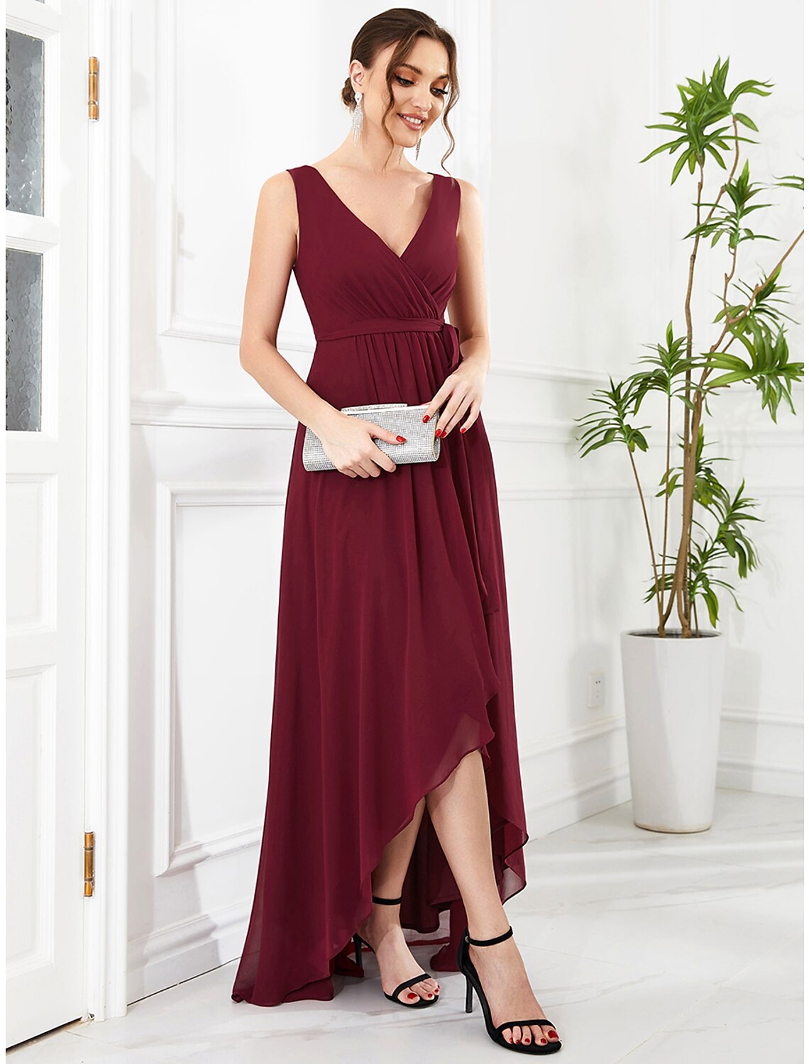 Burgundy Chiffon A-Line V-Neck Asymmetrical Pleated Dress
