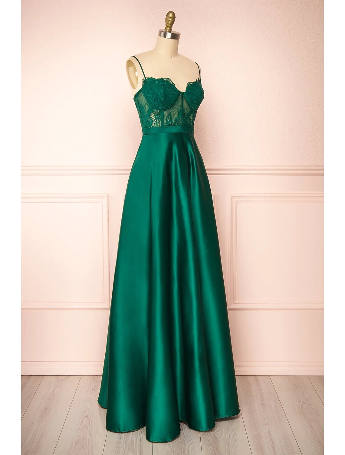 Emerald Satin A-Line Floor-Length Evening Dress