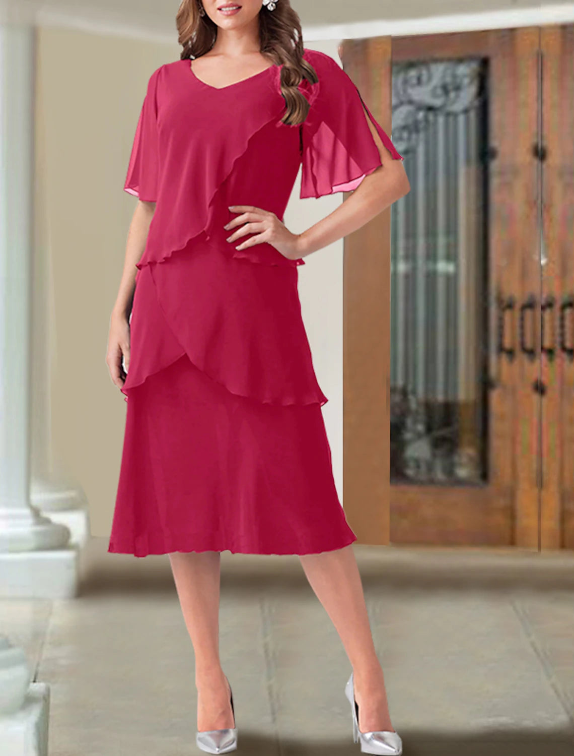 Abito da cerimonia per la madre della sposa, elegante, in chiffon, con scollo a V, lunghezza tè, manica corta, con volant, taglie forti