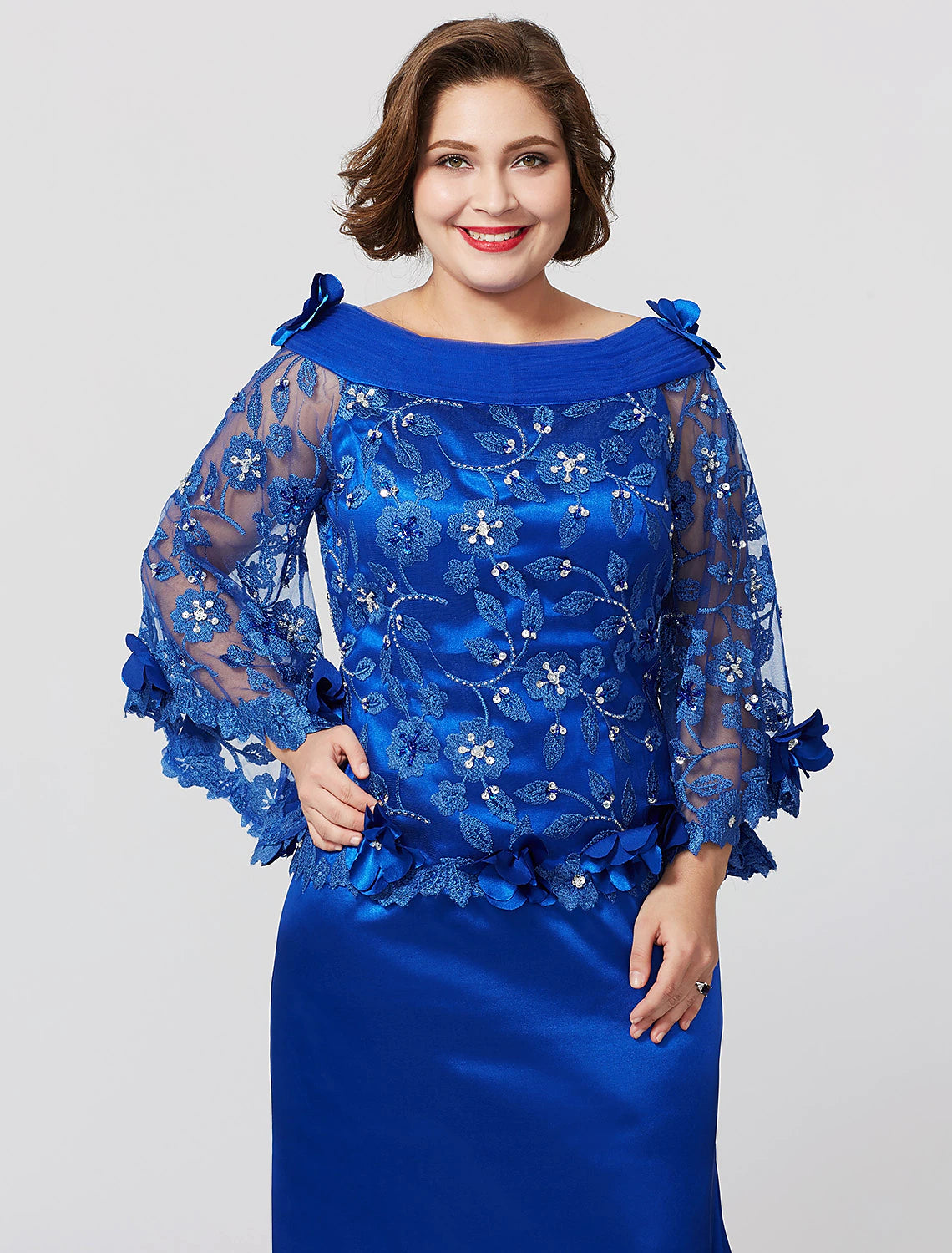 Vestido de sirena/trompeta para madre de la novia, formal, talla grande, elegante, escote barco, cola larga, encaje charmeuse, manga larga, sin mangas, con pliegues y volantes