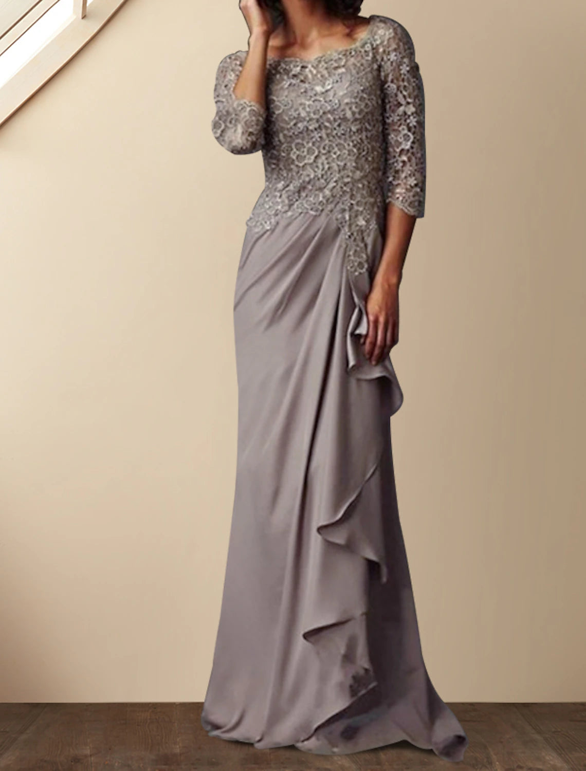 Stormy Lace & Chiffon Boat Neck Sheath/column Floor-Length Evening Dress