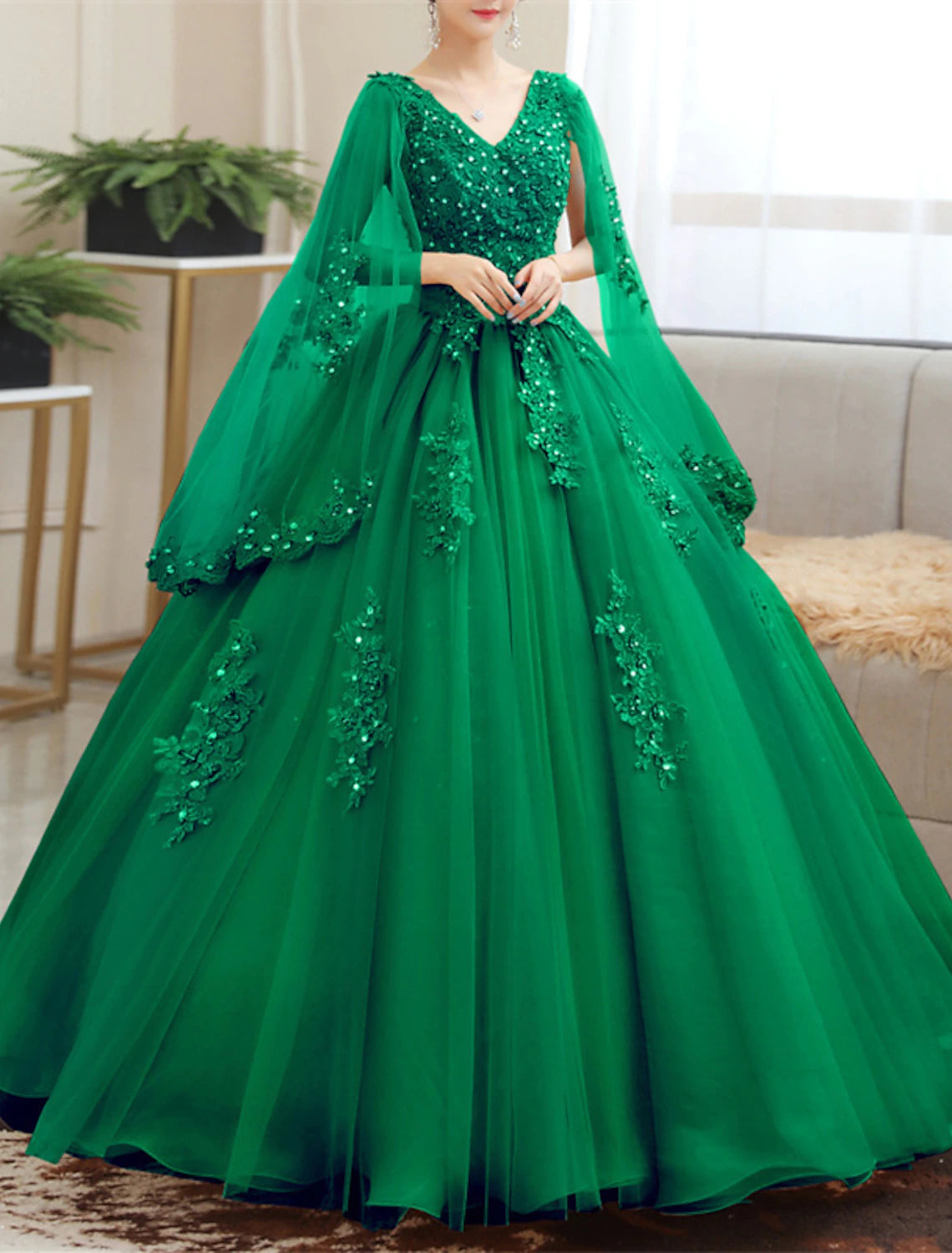 Vestidos de novia de recepción en color Vestidos de novia Vestido de baile Cuello en V Manga larga Hasta el suelo Vestidos de novia de encaje con apliques Verano Otoño Fiesta de bodas