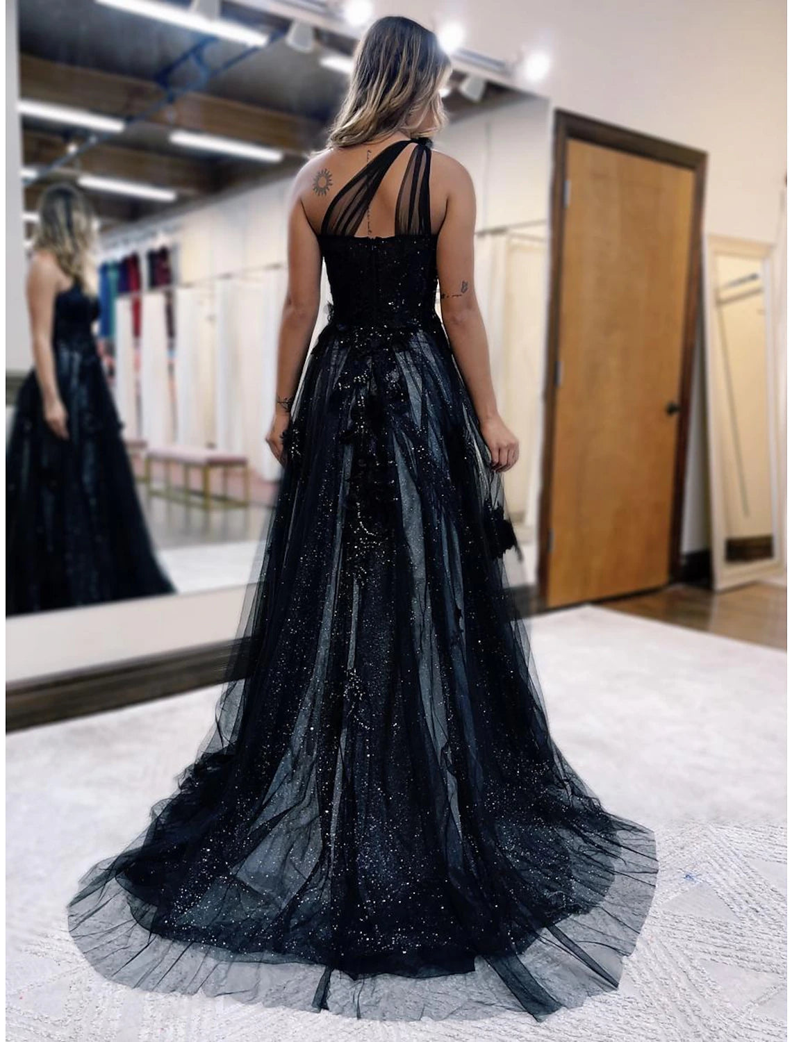 Black Glitter Tulle A-Line One Shoulder Floor-Length Dress with High Slit and Floral Appliques