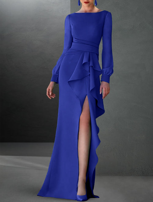 Black Crepe Boat Neck Sheath/column Floor-Length Evening Dress with High Slit and Cascading Ruffles