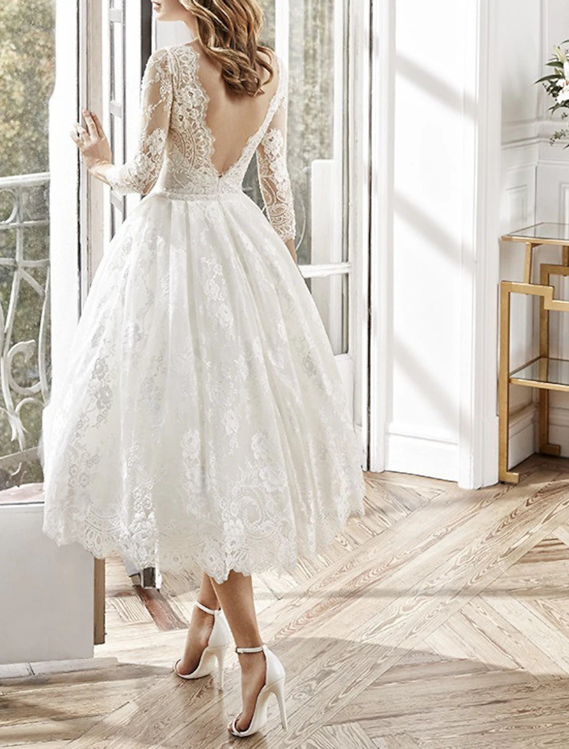 Abiti da festa a trapezio, abito floreale, abito da cerimonia, abito da ballo, lunghezza tè, maniche lunghe, scollo gioiello, poliestere, schiena scoperta con applicazioni