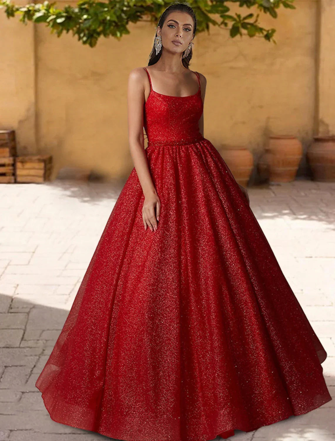 Red Glitter A-Line Floor-Length Evening Dress with Scoop Neck