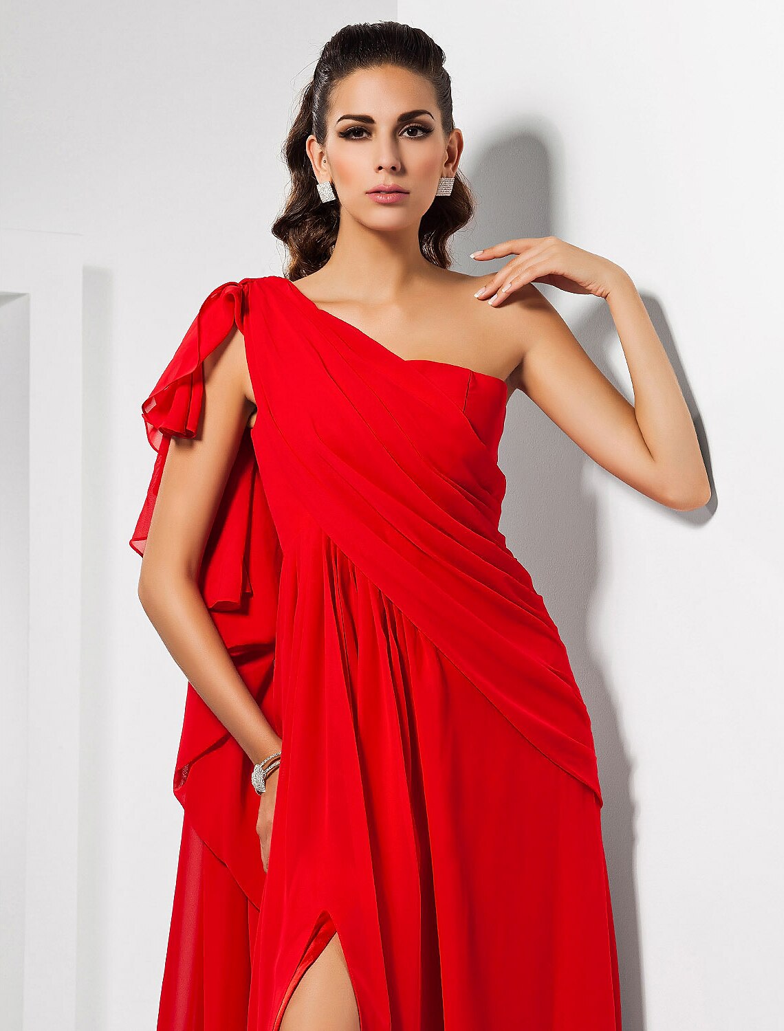 Red Chiffon A-Line Floor-Length Dress with One Shoulder & High Slit