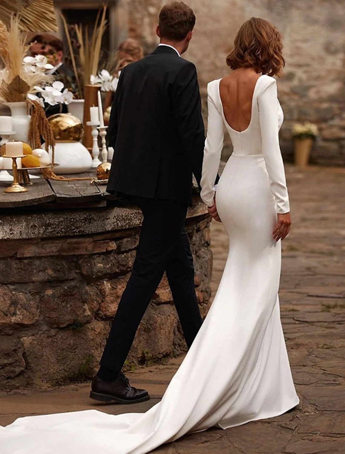 White Satin Square Neck Long Sleeve Sheath/Column Floor-Length Dress