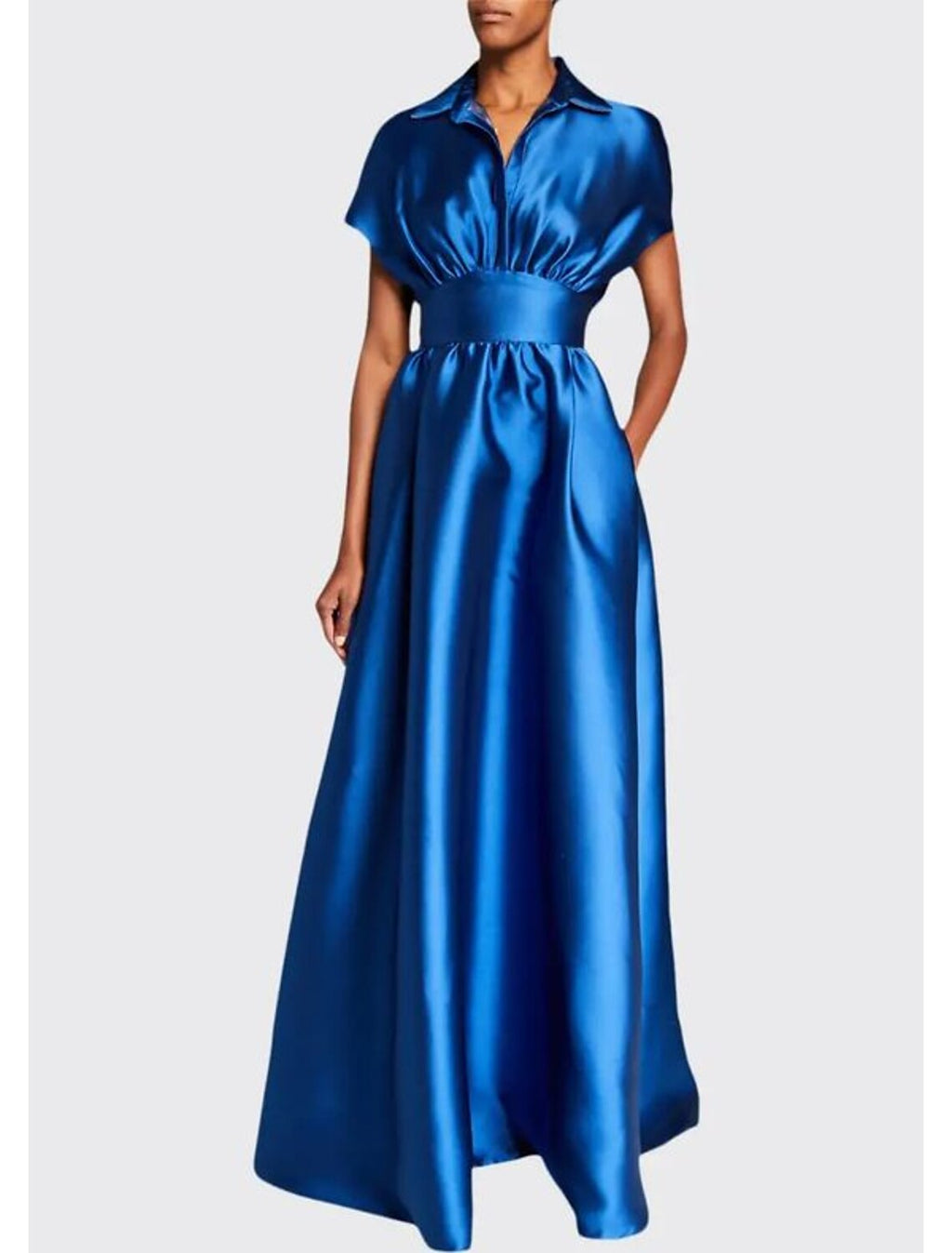 Vestido de noche elegante de corte A, formal, largo hasta el suelo, manga corta, cuello camisero, satén con pliegues