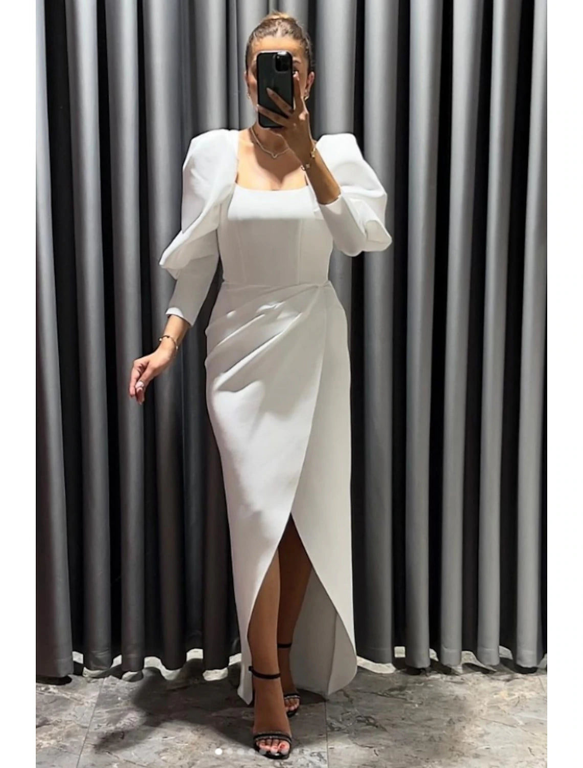 Sheath / Column Evening Gown Elegant Dress Formal Fall Asymmetrical 3/4 Length Sleeve Square Neck  Fabric with Ruched Slit
