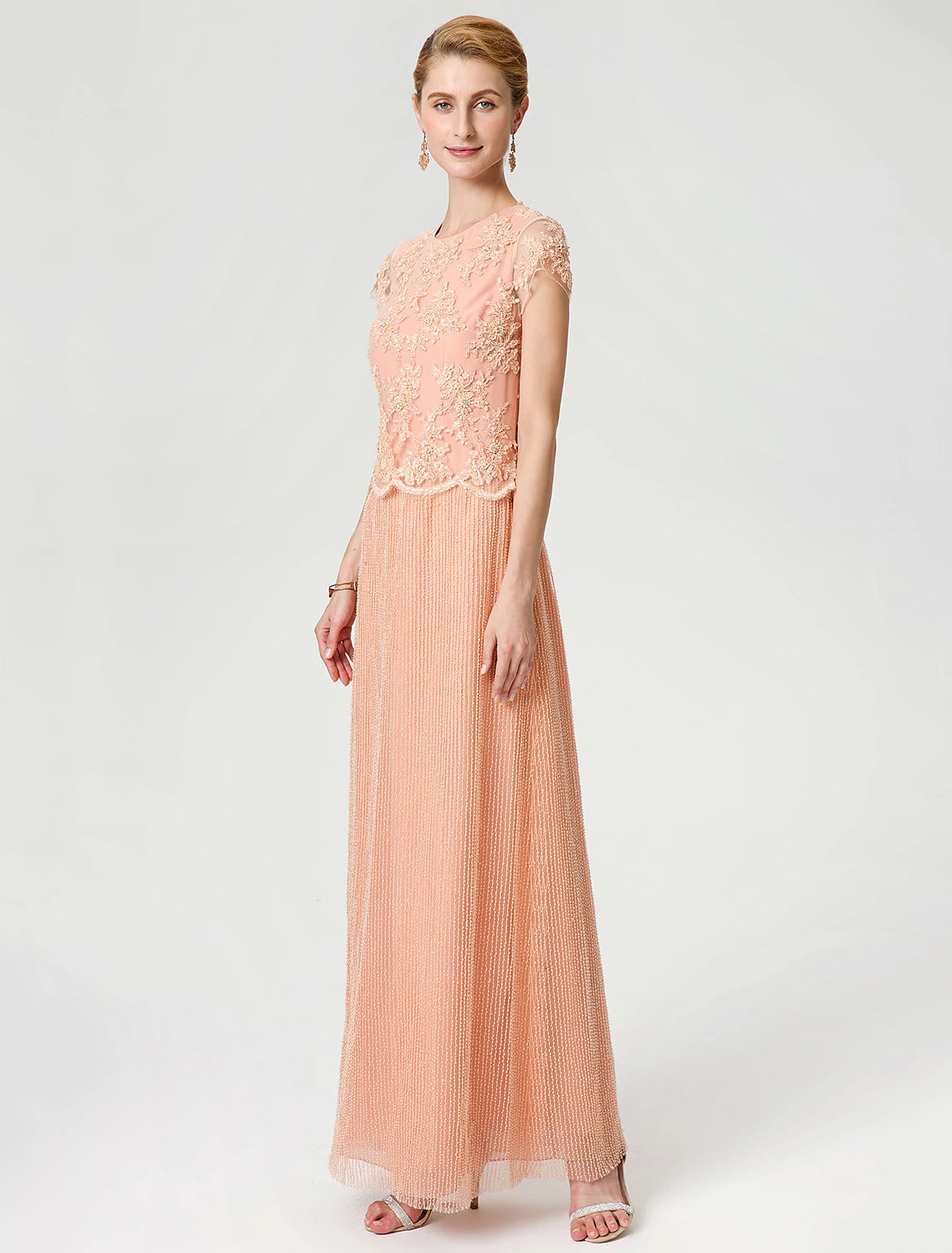 Vestido de madre de la novia con corte tubo/columna, estilo formal, de inspiración vintage, cuello joya, largo hasta los tobillos, gasa, encaje con cuentas, manga corta, sin mangas, con encaje y cuentas