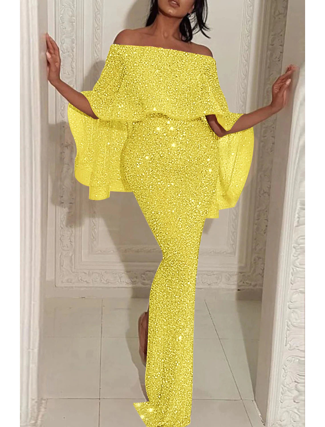 Vestido de noche sirena/trompeta con brillo y brillo, vestido formal para invitada de boda, cola larga/cepillo, sin mangas, hombros descubiertos, capa con lentejuelas y abertura para lentejuelas 2025
