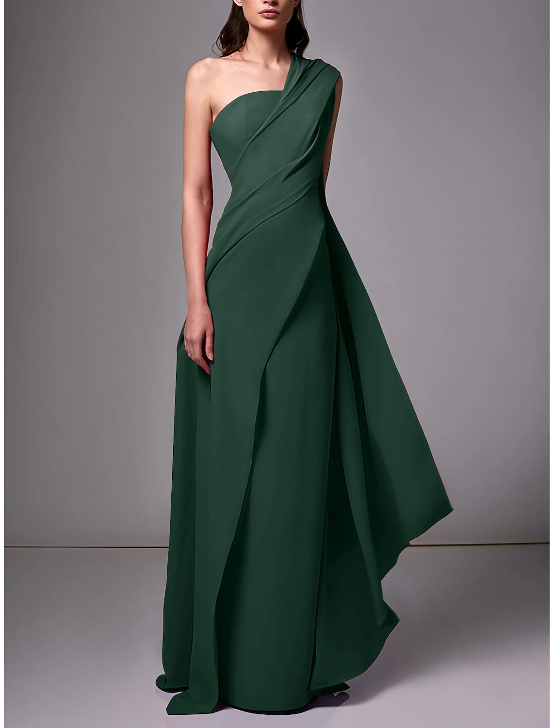 Red Crepe A-Line Floor-Length Evening Dress with One Shoulder Neckline