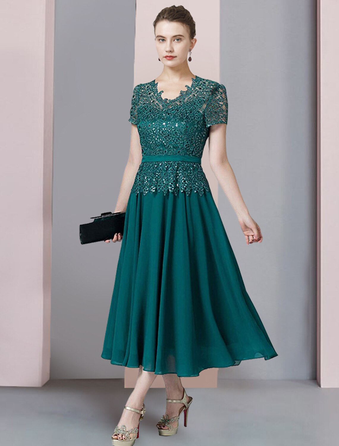 Emerald Sequined Lace Chiffon A-Line Tea-Length Evening Dress