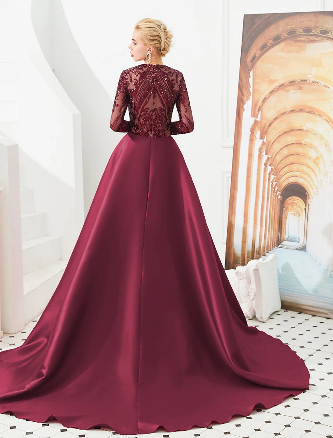 Vestido de fiesta de sirena, vestido de noche, vestido lujoso, vestido de carnaval, boda, invitado, cola de corte, manga larga, cuello joya, falda de satén desmontable con lentejuelas, estampado/estampado