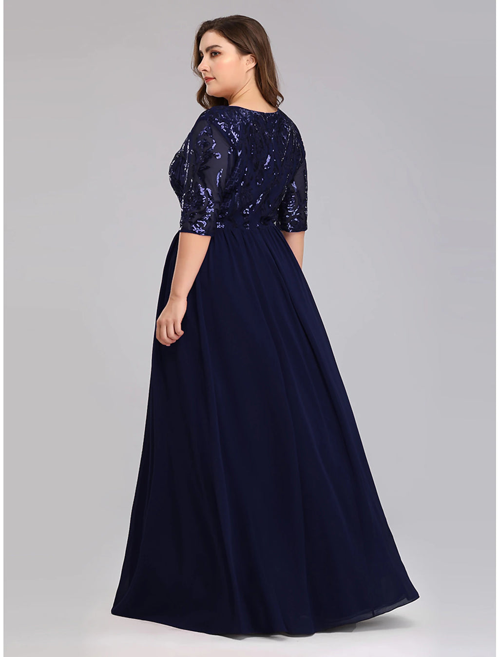 Vestidos de fiesta de corte A, talla grande, para invitados de boda, hasta el suelo, media manga, escote pronunciado, de gasa con