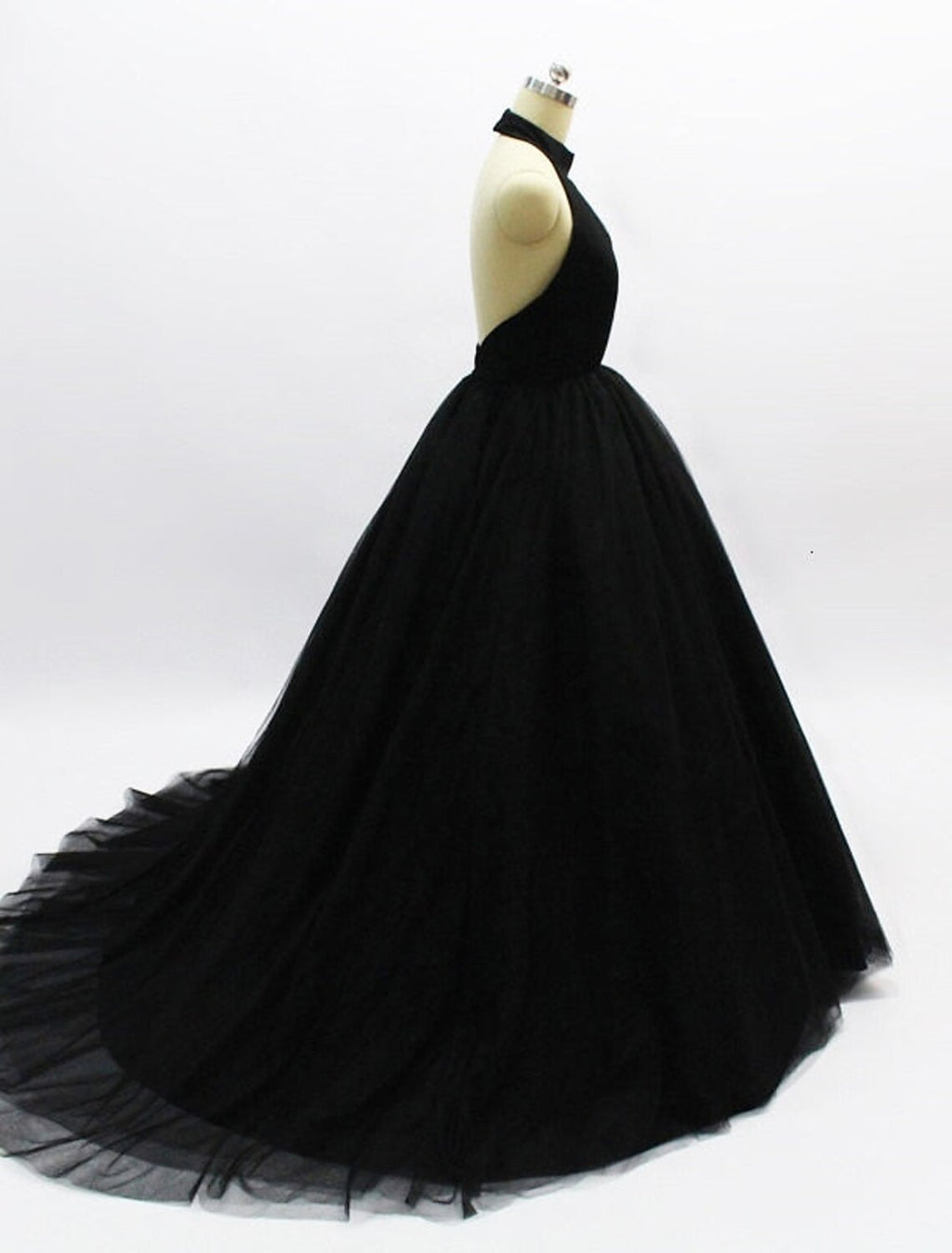 Vestido de fiesta de baile con espalda abierta, vestido de fiesta de bodas, dulce 16, cola de corte, sin mangas, cuello halter, tul, espalda descubierta con pliegues