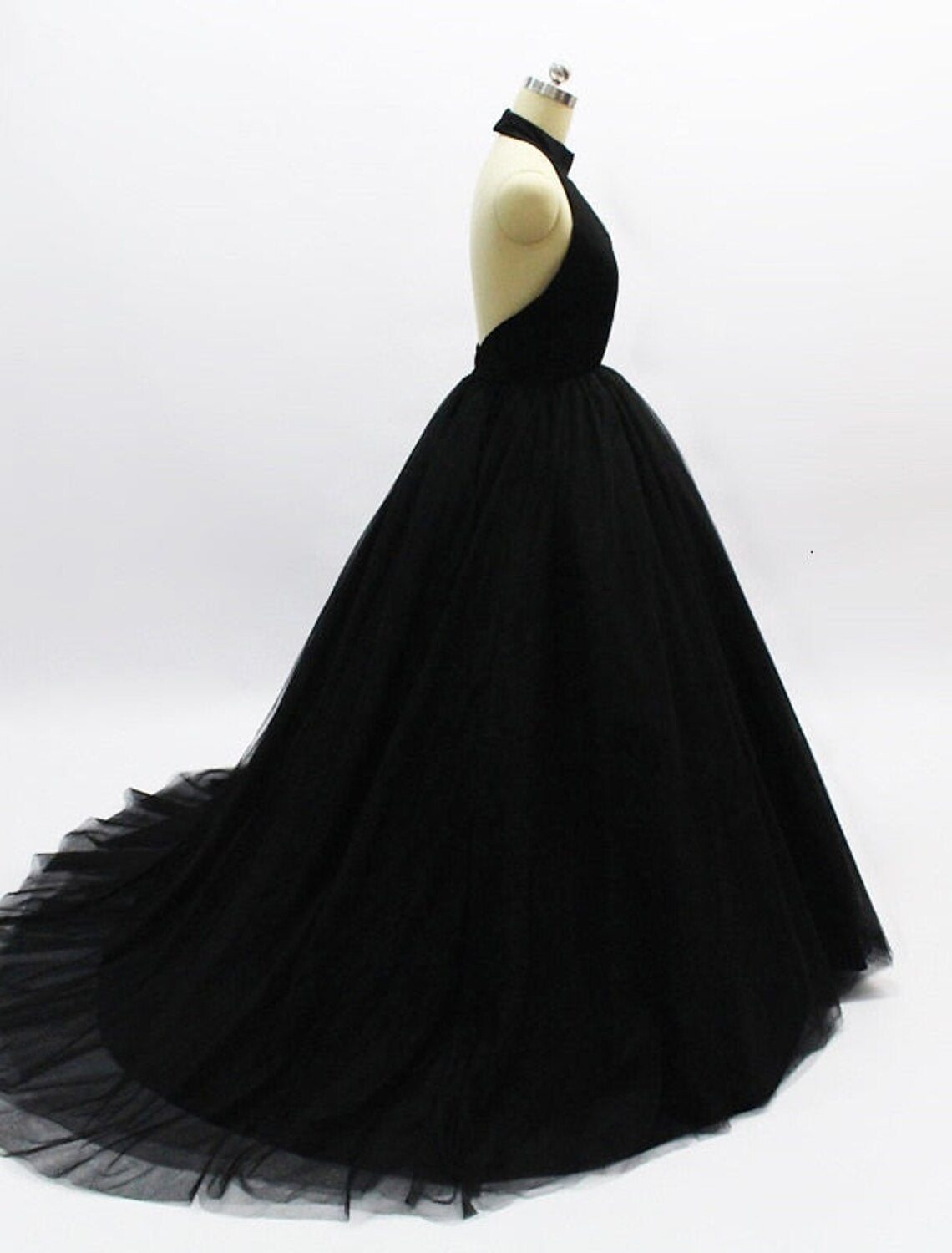 Vestido de fiesta de baile con espalda abierta, vestido de fiesta de bodas, dulce 16, cola de corte, sin mangas, cuello halter, tul, espalda descubierta con pliegues