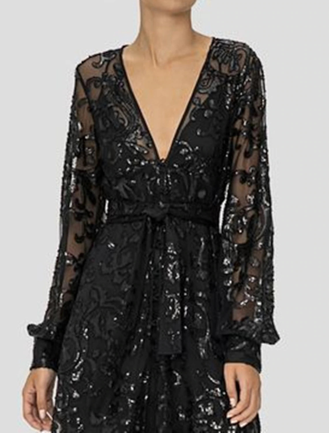 Abito da cerimonia per la madre della sposa, a trapezio, elegante, scintillante e brillante, con scollo a V, lunghezza al pavimento, in pizzo, paillettes, maniche lunghe con applicazioni di paillettes, spacco frontale