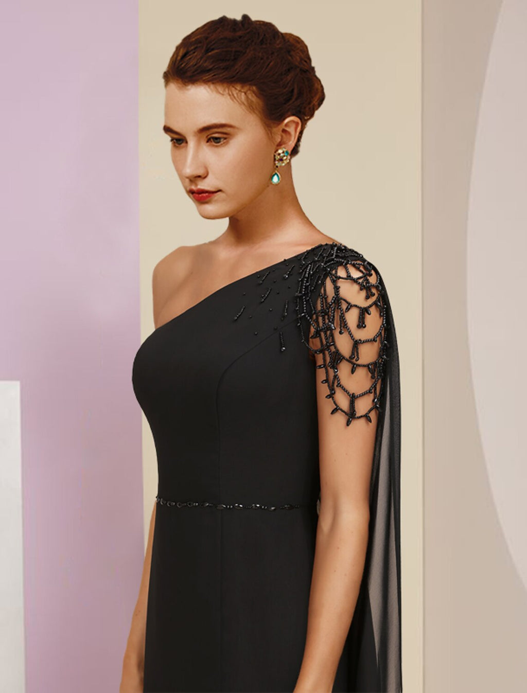 Black Beaded One Shoulder Sheath/column Floor-Length Evening Dress with High Slit