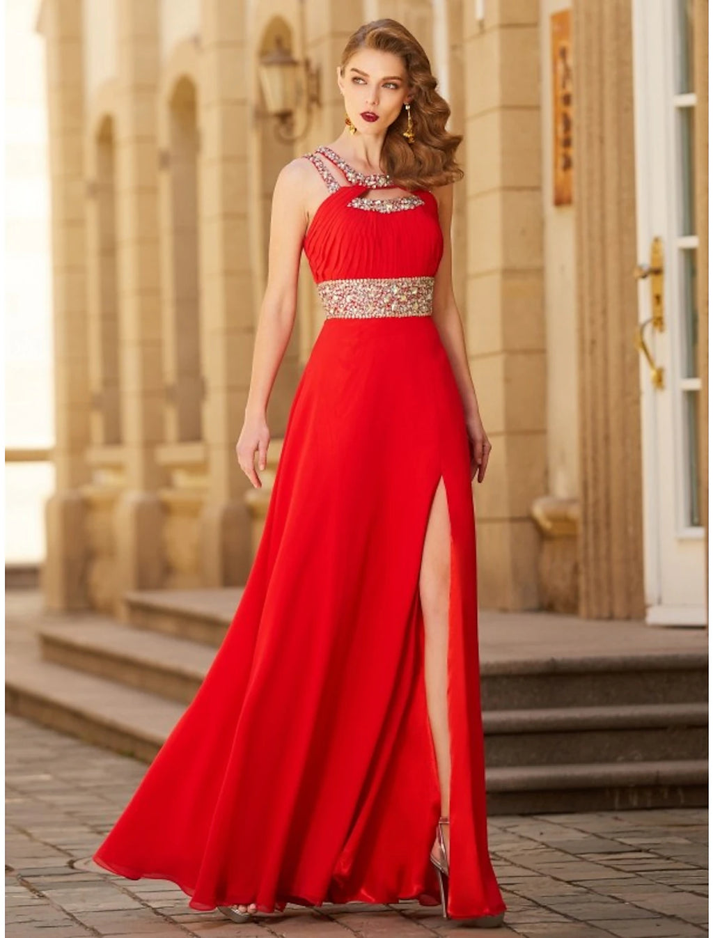Red Chiffon A-Line Floor-Length Dress with Halter neckline and Embellished bodice