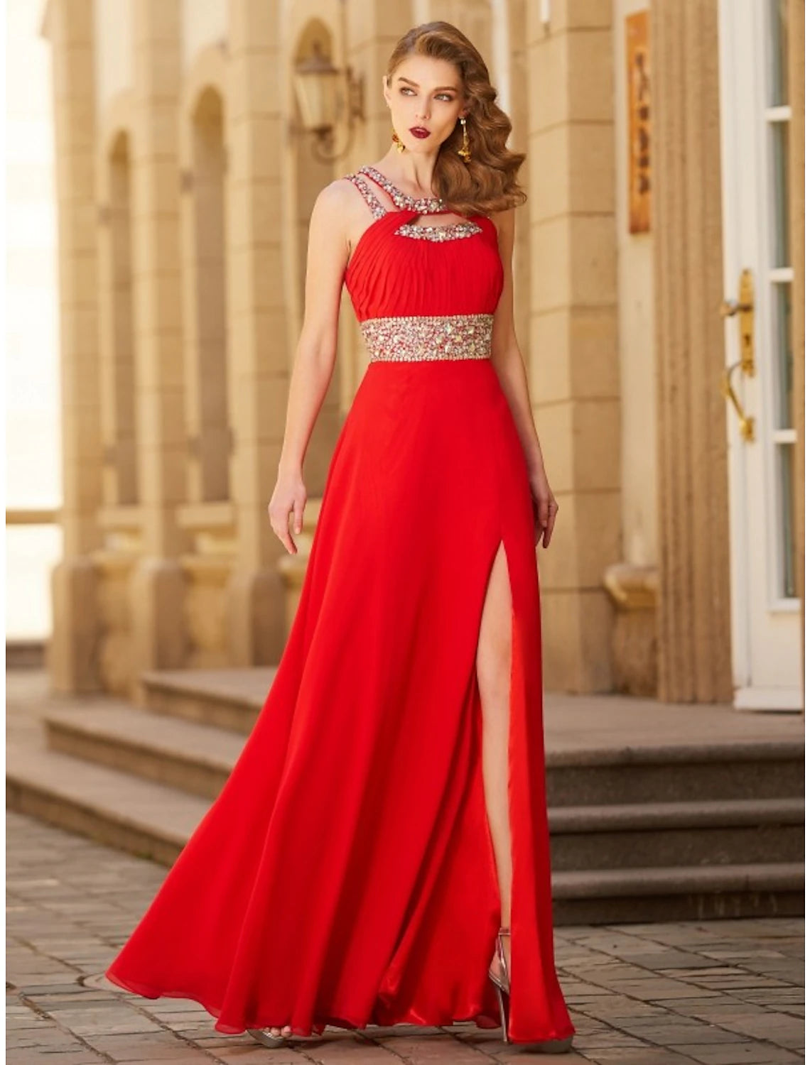 Red Chiffon A-Line Floor-Length Dress with Halter neckline and Embellished bodice
