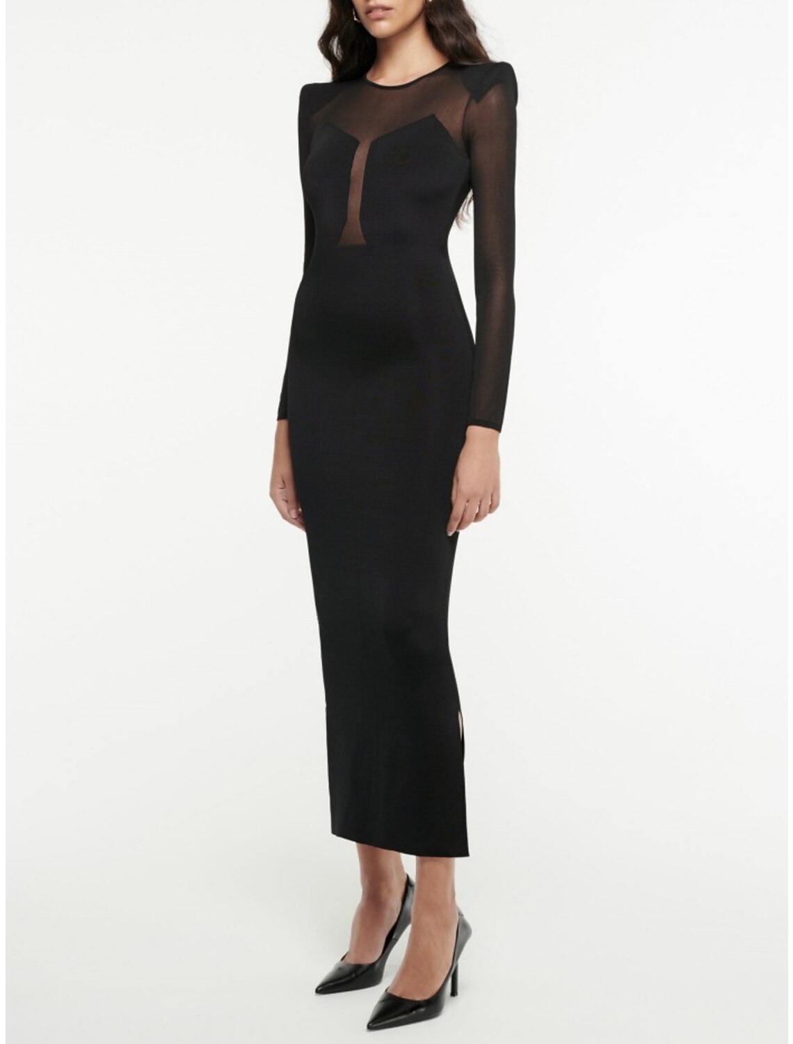 Mermaid / Trumpet Evening Gown Elegant Dress Formal Tea Length Black Dress Long Sleeve Jewel Neck  Fabric with Pleats