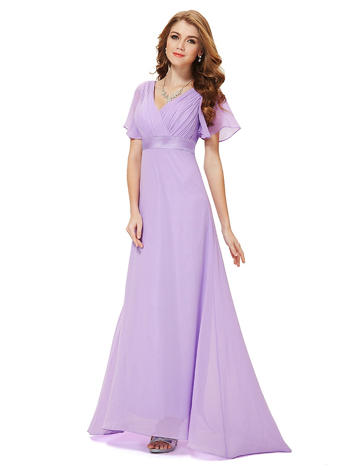 Abito da madre della sposa a trapezio, elegante, in chiffon, con scollo a V, lungo fino al pavimento, manica corta, con fascia/nastro arricciato, taglie forti