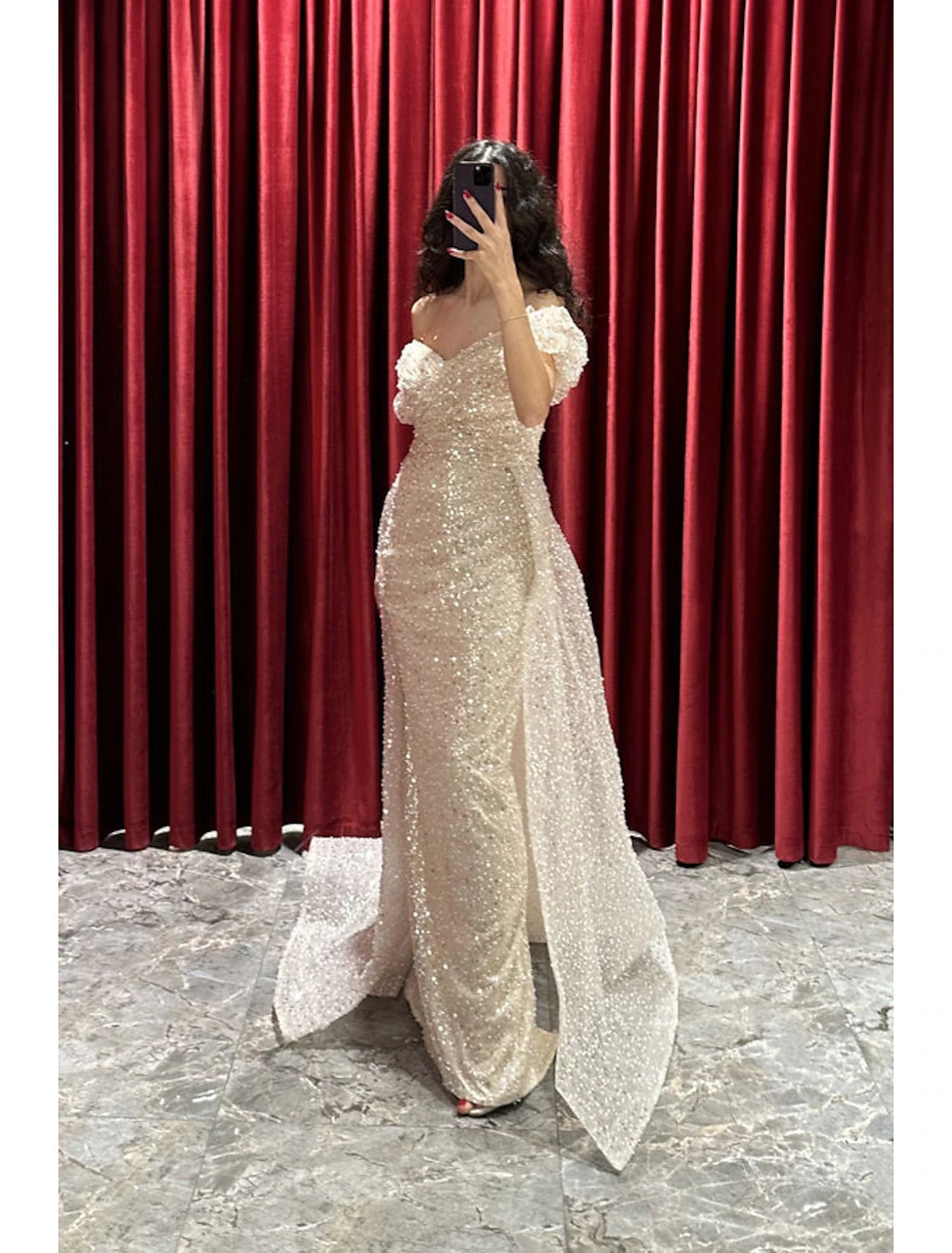 Champagne Sequin Off-the-Shoulder Floor-Length Evening Dress