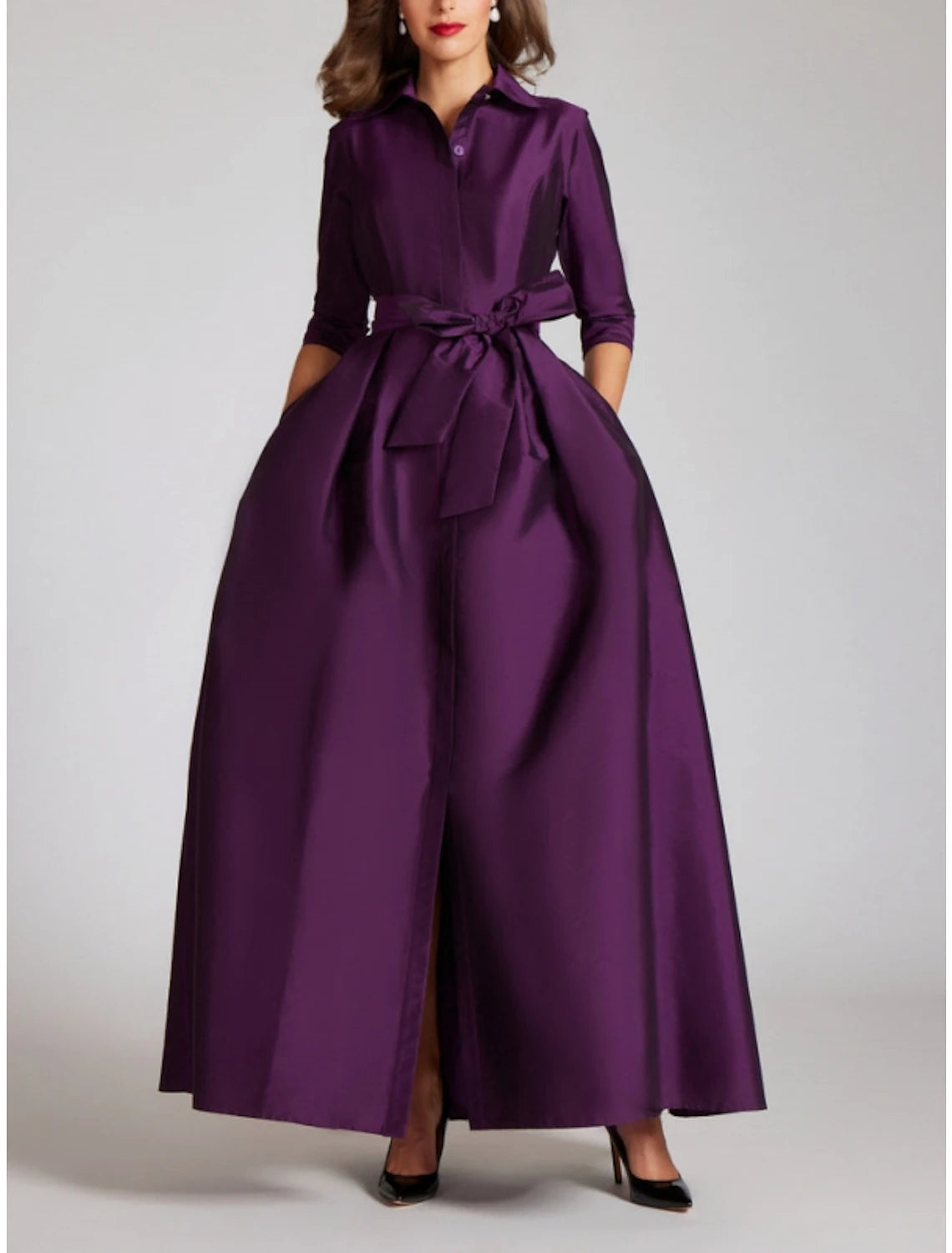 Vestido de noche de satén corte A, minimalista, dorado champán, negro, navideño, rojo y verde, formal, otoño, largo hasta el suelo, media manga, cuello camisero con lazo(s), pliegues, 2025