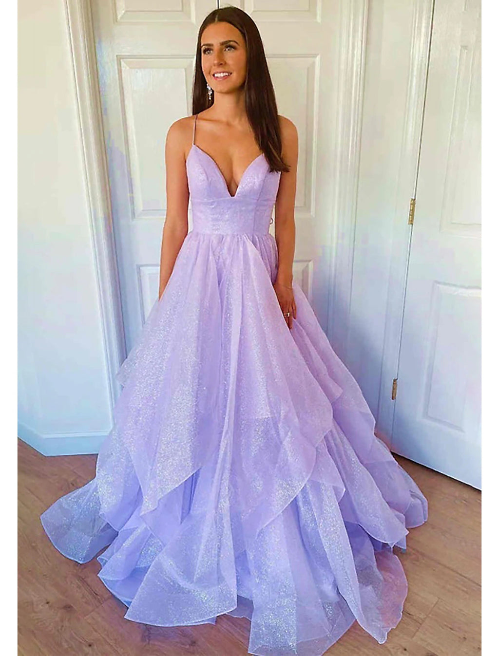 Vestido de fiesta de corte A con brillo y brillo, vestido formal de fiesta de boda, largo hasta el suelo, sin mangas, escote corazón, tul, sin espalda, con pliegues y volantes