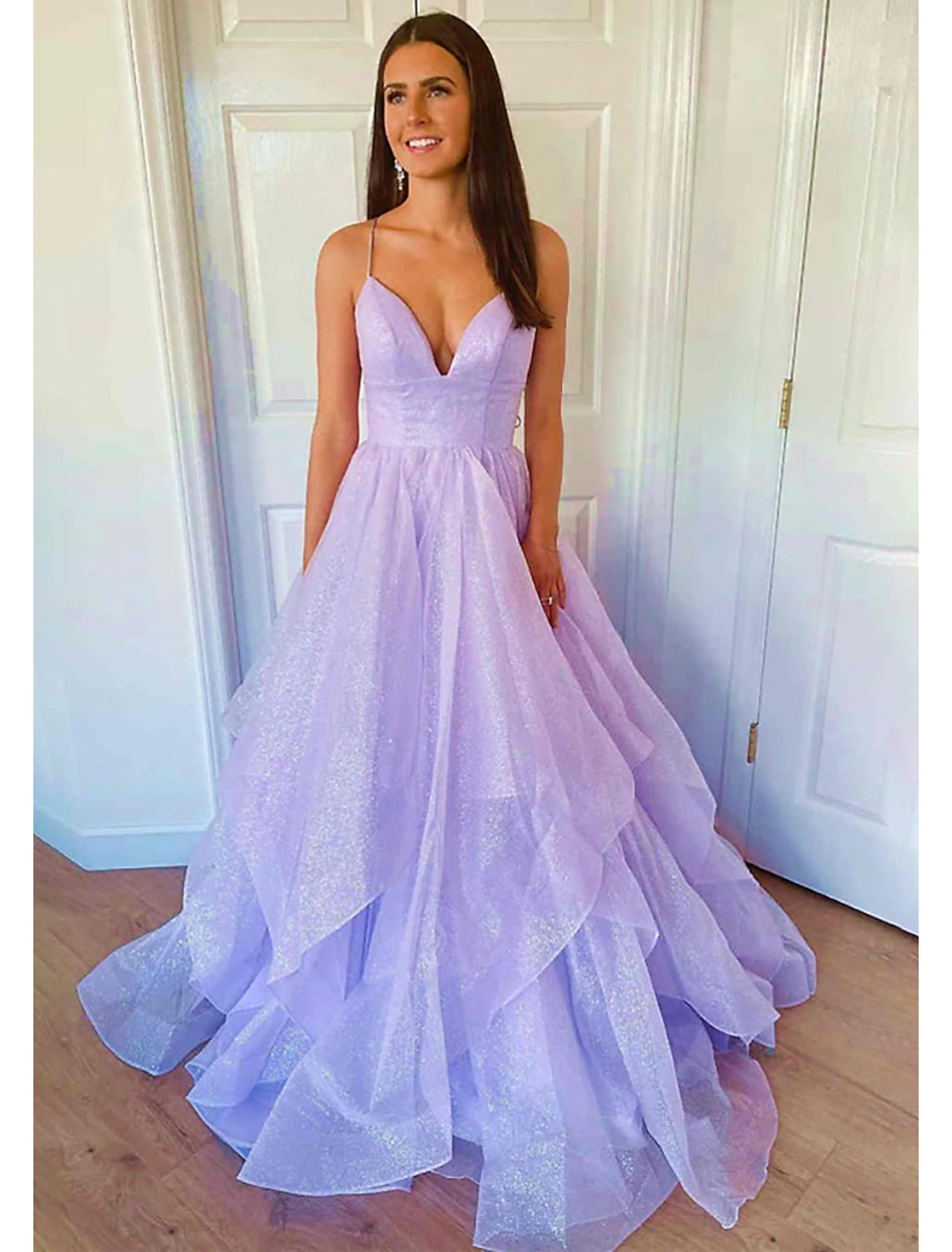 Vestido de fiesta de corte A con brillo y brillo, vestido formal de fiesta de boda, largo hasta el suelo, sin mangas, escote corazón, tul, sin espalda, con pliegues y volantes