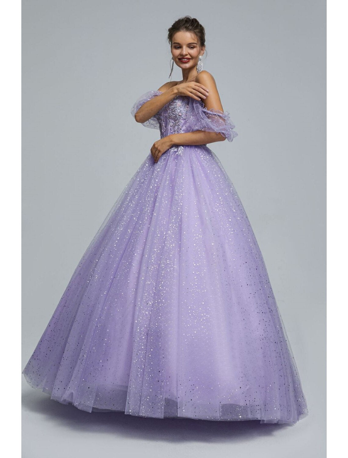 Lilac Sweetheart Ball Gown Floor-Length Tulle Evening Dress with Glitter Skirt