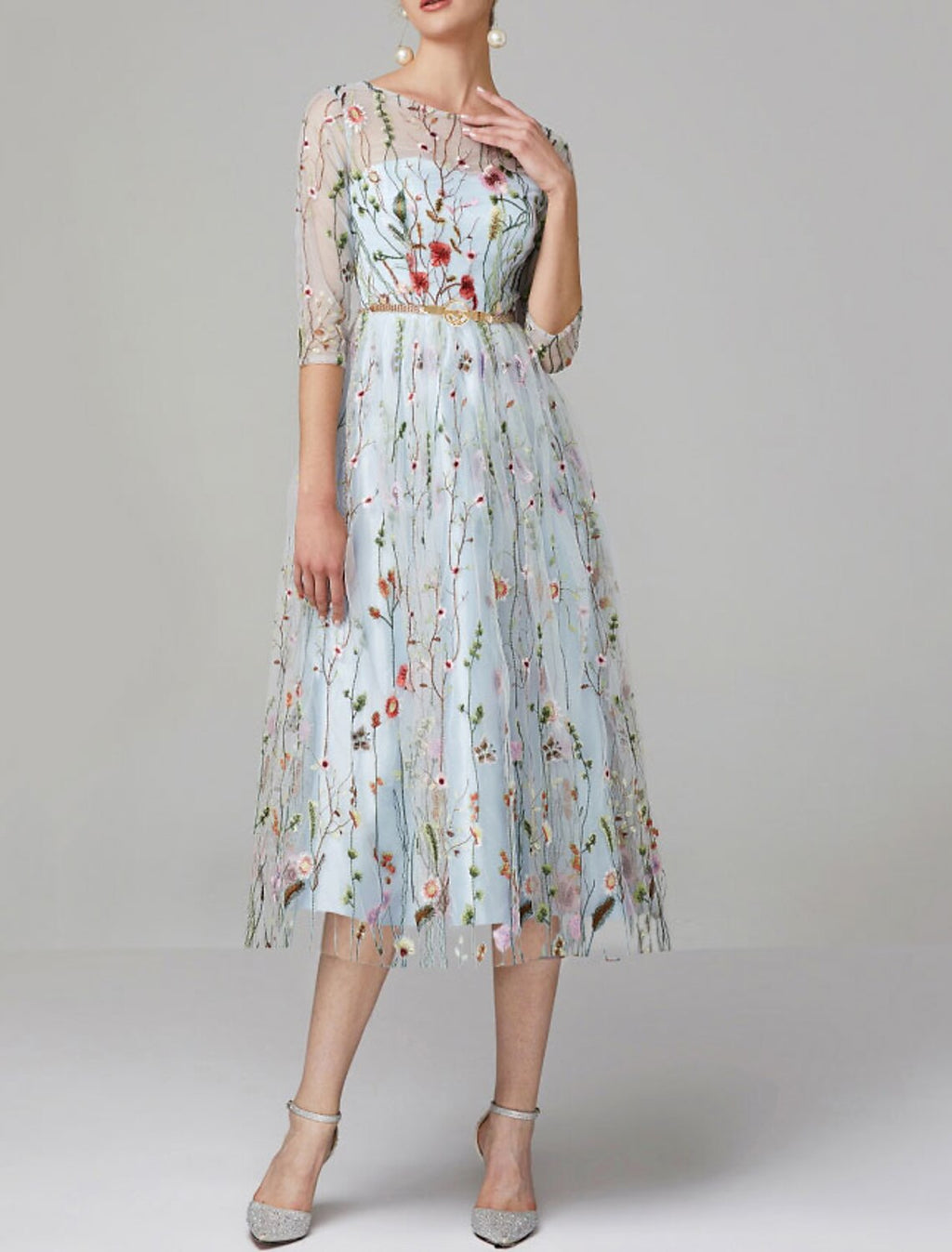 Vestidos de fiesta de corte A, florales, para invitados de boda, de compromiso, hasta la rodilla, media manga, escote joya, encaje con apliques bordados, 2025