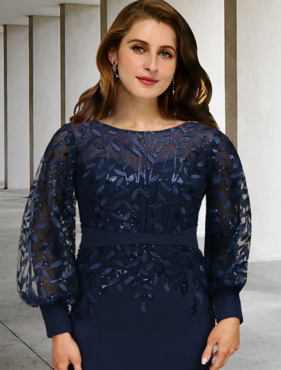 Dark Navy Embroidered Mesh Sleeve Floor-Length Evening Dress