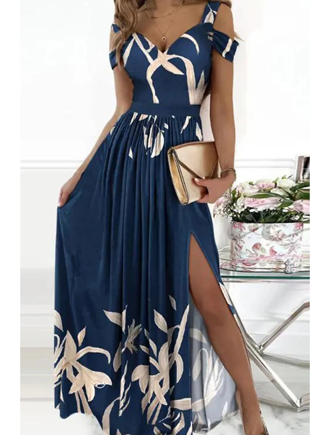 Women‘s Cold Shoulder V Neck Long Short Sleeve Pure Color Romantic Party Homecoming Dress