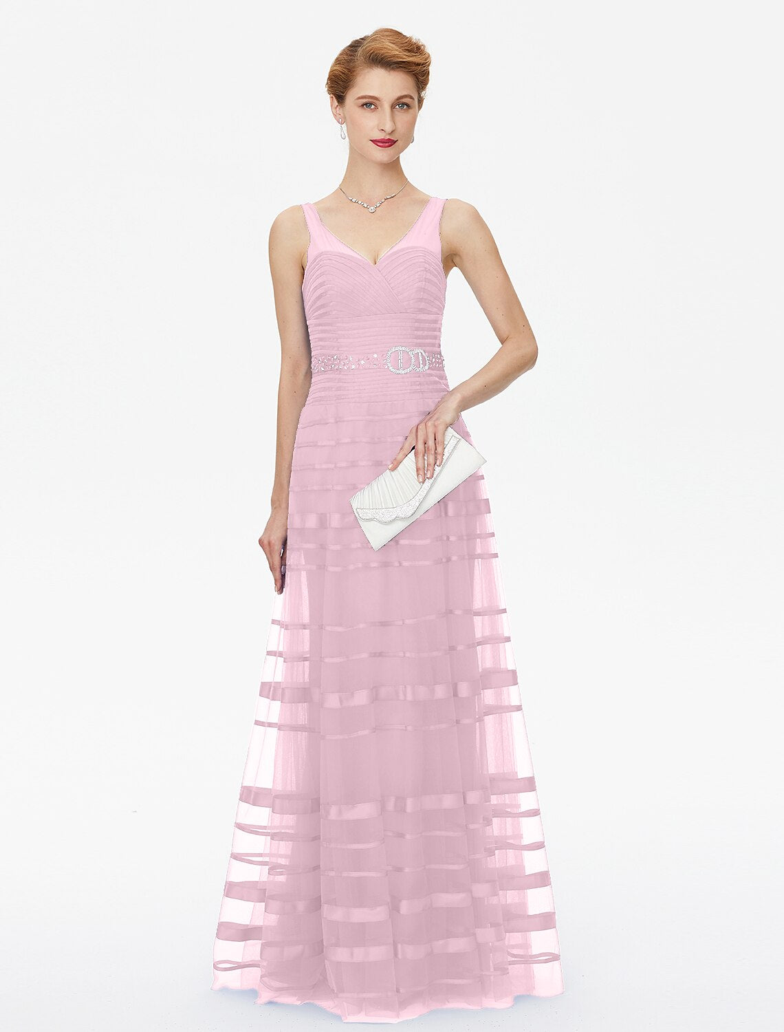 Abito da madre della sposa a trapezio, con spalline scoperte sulla schiena, lunghezza al pavimento, in tulle e raso, senza maniche, con perline