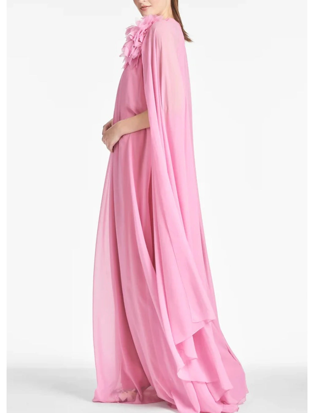 Pink Chiffon A-Line Floor-Length Dress with Halter Neckline, 3D Floral Embellishment & Cape Overlay
