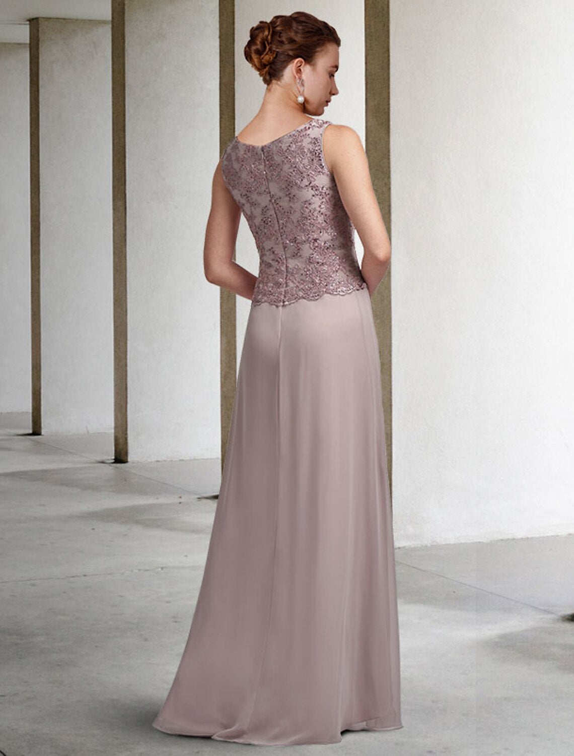 Vestido de madre de la novia de dos piezas, estilo tubo/columna, talla grande, elegante, cuello joya, largo hasta el suelo, de gasa, encaje, sin mangas, cruzado, incluido con apliques de lentejuelas 