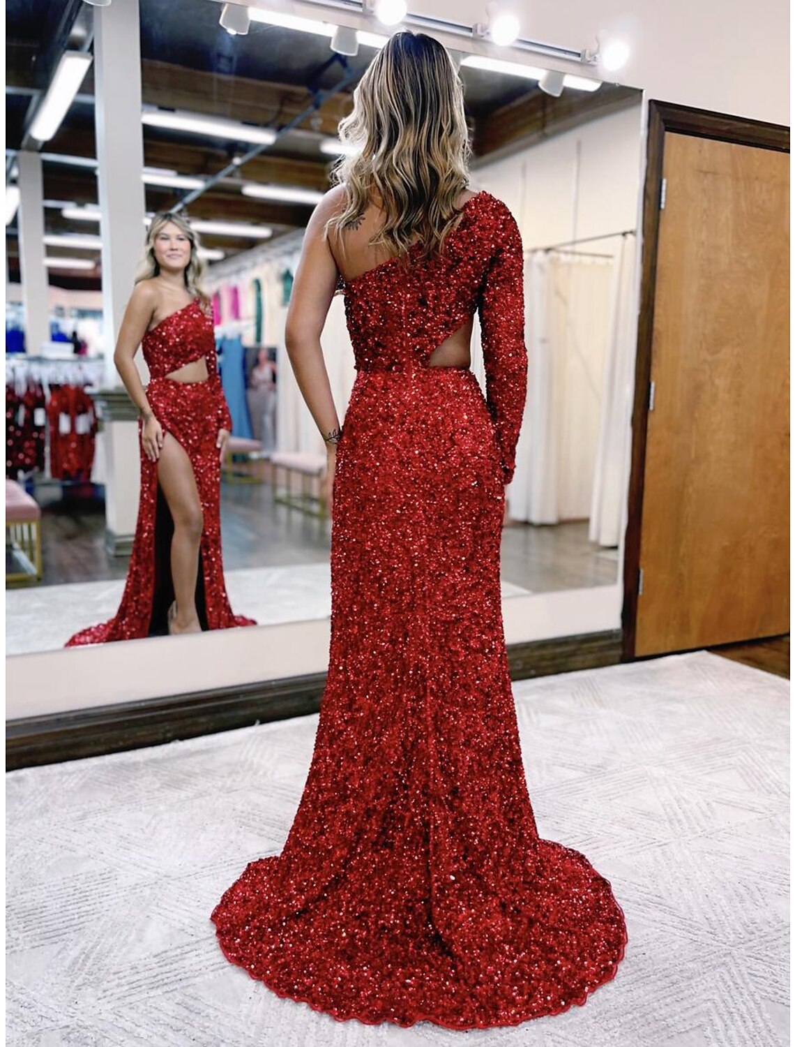 Red Sequin One Shoulder Floor-Length Sheath Evening Dress