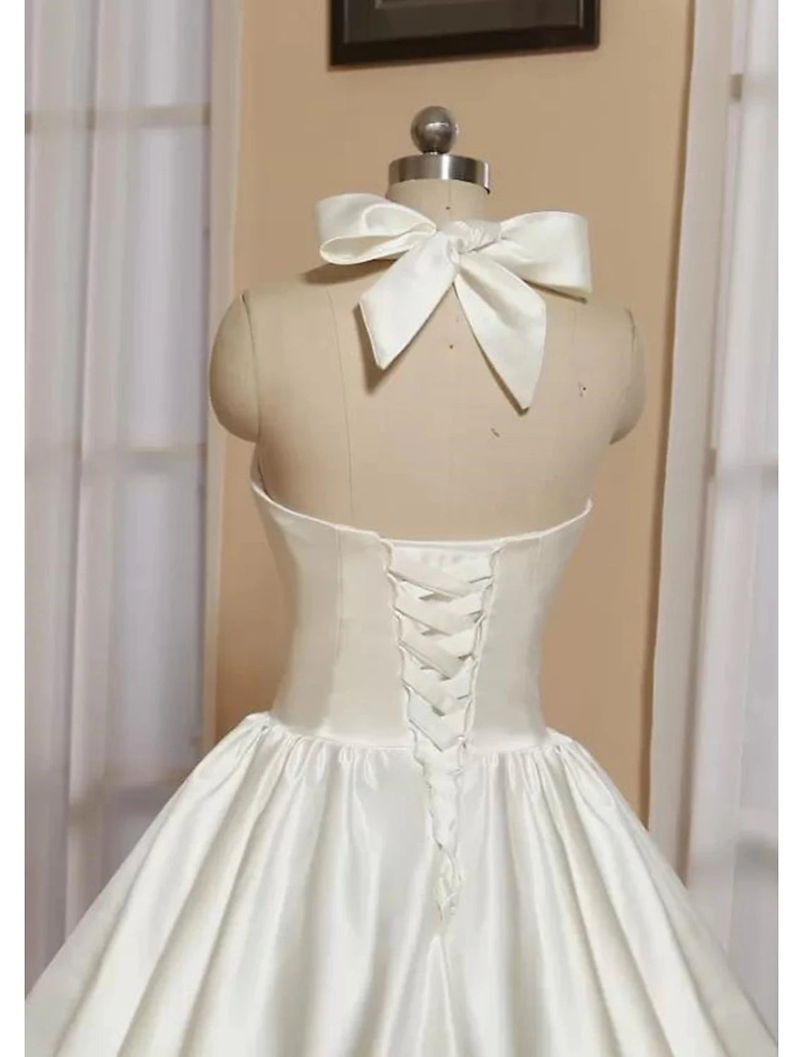 Ivory Satin A-Line Knee-Length Dress with Sweetheart Neckline and Tie Back
