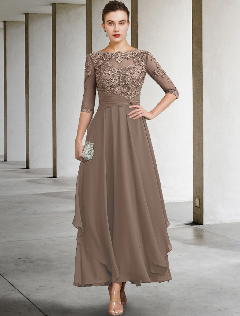 Mocha Chiffon A-Line Ankle-Length Evening Dress with Lace Bodice & Draped Waist
