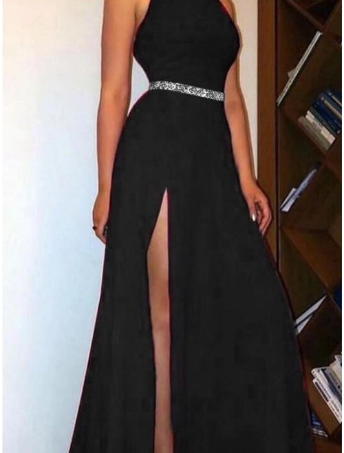 Vestido de noche elegante de corte A, vestido formal con cola larga/cepillo, vestido negro sin mangas, cuello alto, tela con pliegues, cristales y abertura