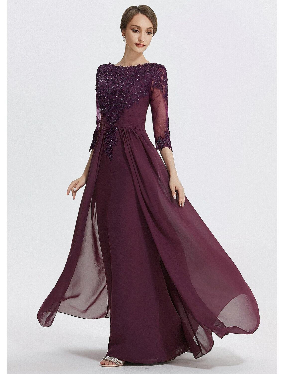Vestido de Madre de la Novia de Corte A, Formal, para Invitadas de Boda, Elegante, con Cuello Joya, Largo hasta el Suelo, de Gasa, con Encaje, Mangas 3/4 con Encaje, Color Sólido