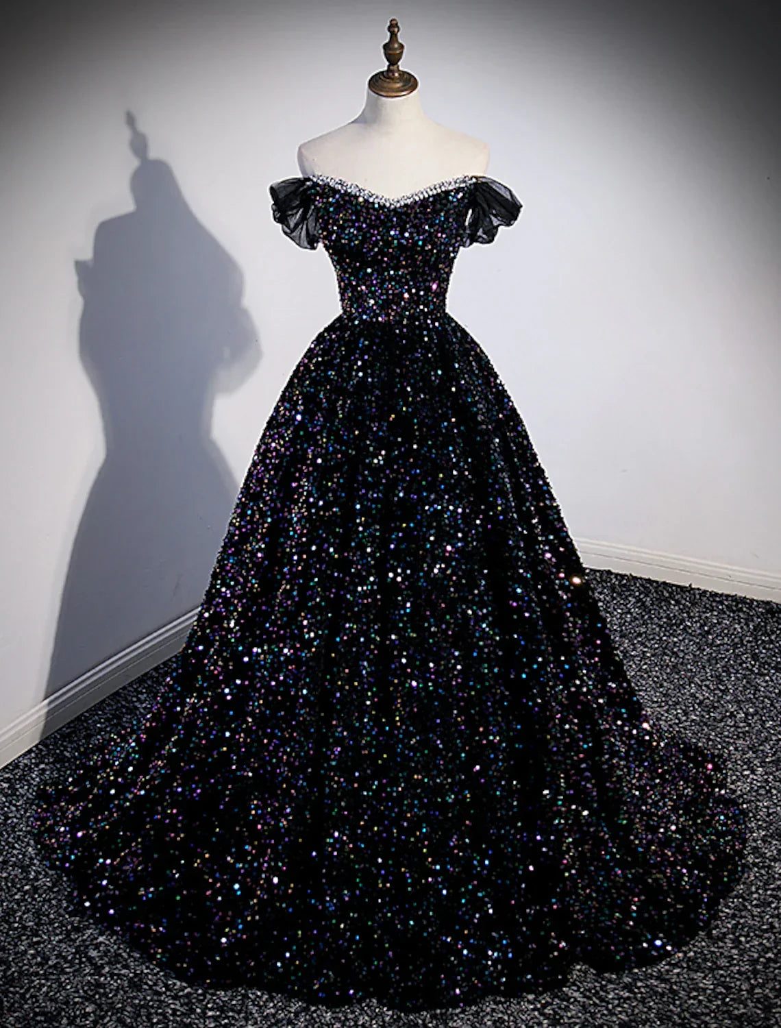 Glamorous Black Sequin Off-the-Shoulder A-Line Floor-Length Evening Dress