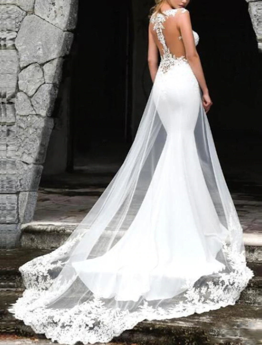 Ivory Crepe Mermaid Floor-Length Dress with Illusion Lace Appliques