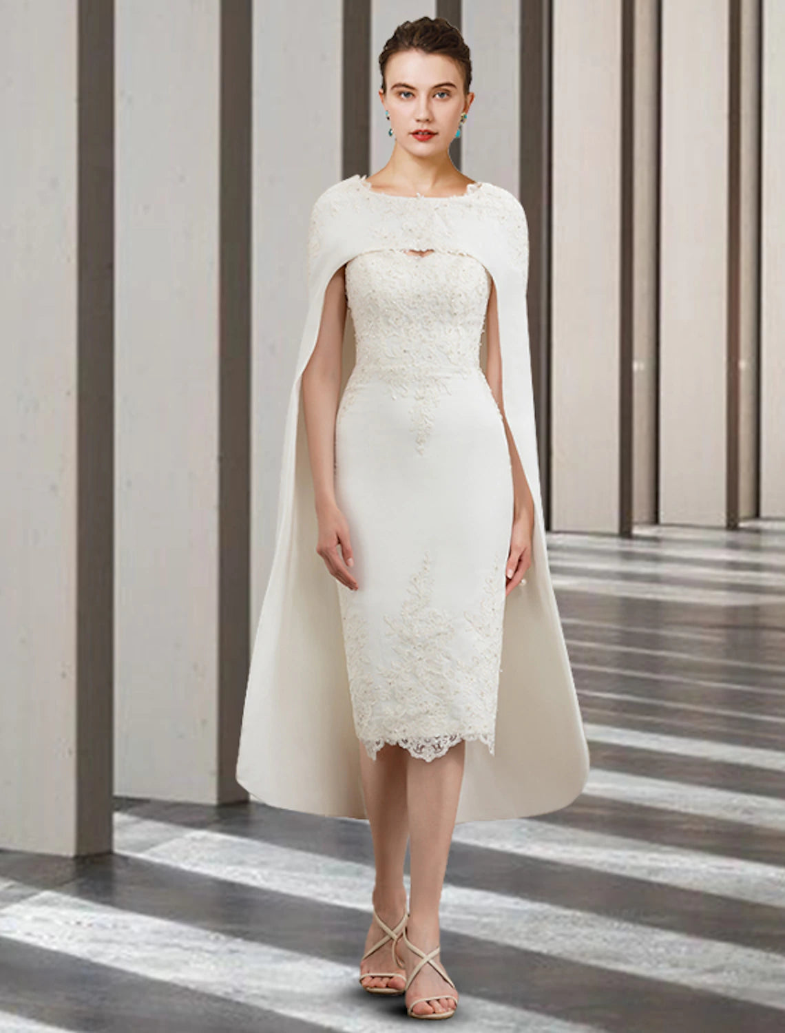 Vestido de dos piezas para madre de la novia, estilo tubo/columna, para invitada de boda, iglesia, elegante, cuello joya, largo hasta la rodilla, de gasa, encaje, sin mangas, con apliques de cuentas, otoño