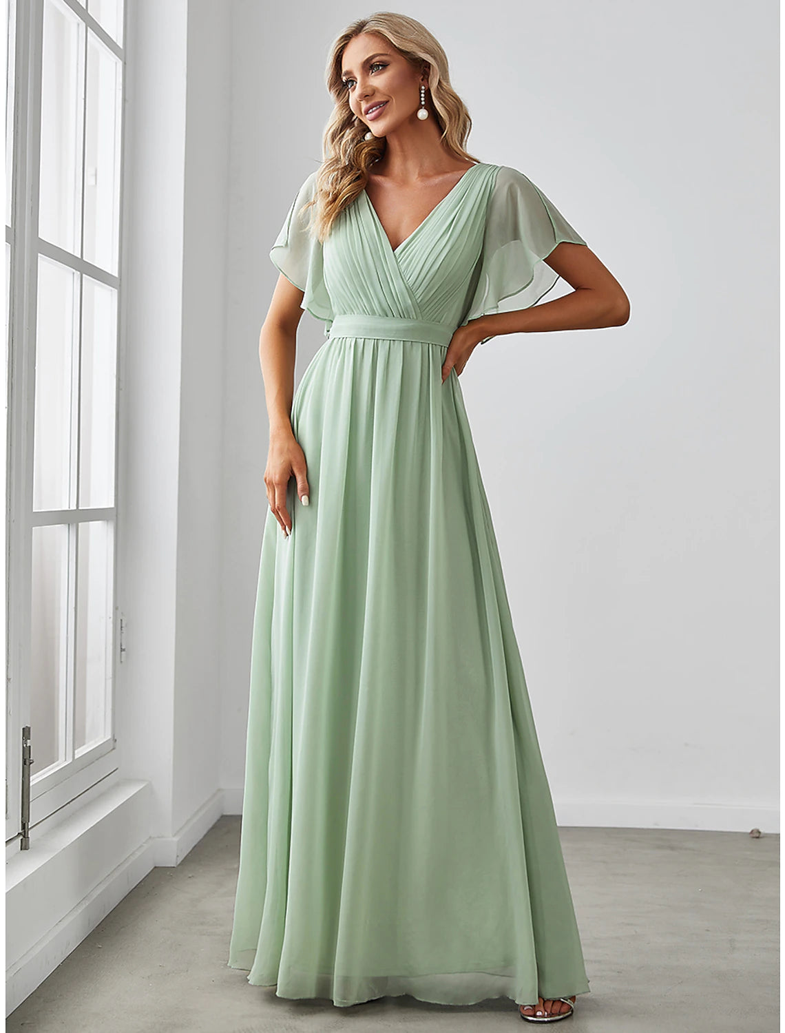 Sage Green A-Line Floor-Length Bridesmaid Dress with Pleated Bodice and Flutter Sleeves